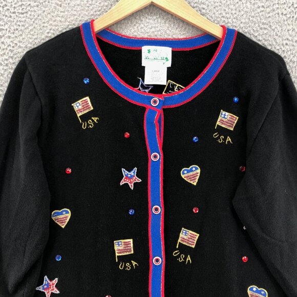 The Quacker Factory Sweater Womens Large Black Button Up Cardigan USA Patriotic - Picture 2 of 9